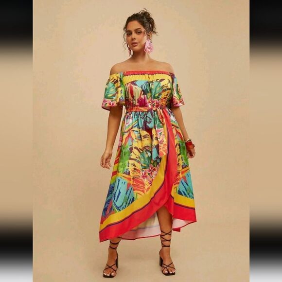 Multicolor Off-Shoulder Tropical Print Dress - Picture 1 of 7